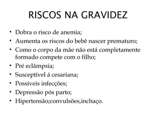 RISCOS NA GRAVIDEZ
• Dobra o risco de anemia;
• Aumenta os riscos do bebê nascer prematuro;
• Como o corpo da mãe não está completamente
formado compete com o filho;
• Pré eclâmpsia;
• Susceptível á cesariana;
• Possíveis infecções;
• Depressão pós parto;
• Hipertensão;convulsões,inchaço.
 