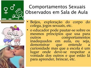 Comportamentos Sexuais
Observados em Sala de Aula
• Beijos, exploração do corpo do
colega, jogos sexuais, etc.
• o educador pode pautar-se sobre os
mesmos princípios que usa para
outros comportamentos
inadequados em aula, ou seja,
demonstrar que entende a
curiosidade mas que a escola é um
lugar onde deve-se respeitar a
vontade dos outros e que estão lá
para aprender, brincar, etc.
 