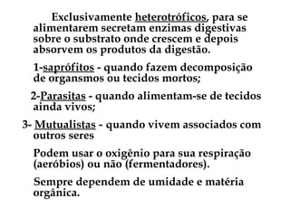 Exclusivamente heterotróficos, para se
alimentarem secretam enzimas digestivas
sobre o substrato onde crescem e depois
absorvem os produtos da digestão.
1-saprófitos - quando fazem decomposição
de organsmos ou tecidos mortos;
2-Parasitas - quando alimentam-se de tecidos
ainda vivos;
3- Mutualistas - quando vivem associados com
outros seres
Podem usar o oxigênio para sua respiração
(aeróbios) ou não (fermentadores).
Sempre dependem de umidade e matéria
orgânica.
 