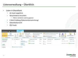 Listenverwaltung – Überblick
•

Listen in SharePoint
•
•

An Excel angelehnt
Verschiedene Ansichten
• Filtern, Sortieren und Gruppieren

•
•
•

17

E-Mail Empfang (Dokumentensammlung)
Datenblattansicht
RSS Feeds

 