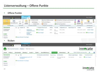 Listenverwaltung – Offene Punkte
•

Offene Punkte

•

Risiken

19

 