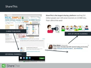 ShareThis
ShareThis is the largest sharing platform reaching 211
million people over 120 social channels on 2.4 MM sites.
That’s 95% of the web!

2.4MM PUBLISHERS
85% OF ONLINE AUDIENCE

120 SOCIAL CHANNELS

 