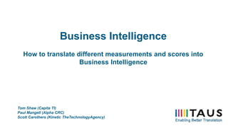 Business Intelligence
How to translate different measurements and scores into
Business Intelligence
Tom Shaw (Capita TI)
Paul Mangell (Alpha CRC)
Scott Carothers (Kinetic TheTechnologyAgency)
 