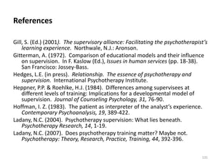References
Gill, S. (Ed.) (2001). The supervisory alliance: Facilitating the psychotherapist’s
learning experience. Northwale, N.J.: Aronson.
Gitterman, A. (1972). Comparison of educational models and their influence
on supervision. In F. Kaslow (Ed.), Issues in human services (pp. 18-38).
San Francisco: Jossey-Bass.
Hedges, L.E. (in press). Relationship. The essence of psychotherapy and
supervision. International Psychotherapy Institute.
Heppner, P.P. & Roehlke, H.J. (1984). Differences among supervisees at
different levels of training: Implications for a developmental model of
supervision. Journal of Counseling Psychology, 31, 76-90.
Hoffman, I. Z. (1983). The patient as interpreter of the analyst’s experience.
Contemporary Psychoanalysis, 19, 389-422.
Ladany, N.C. (2004). Psychotherapy supervision: What lies beneath.
Psychotherapy Research, 14, 1-19.
Ladany, N.C. (2007). Does psychotherapy training matter? Maybe not.
Psychotherapy: Theory, Research, Practice, Training, 44, 392-396.
131
 