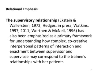 Relational Emphasis
The supervisory relationship (Ekstein &
Wallerstein, 1972; Hedges, in press; Watkins,
1997, 2011; Worthen & McNeil, 1996) has
also been emphasized as a primary framework
for understanding how complex, co-creative
interpersonal patterns of interaction and
enactment between supervisor and
supervisee may correspond to the trainee’s
relationships with her patients.
23
 
