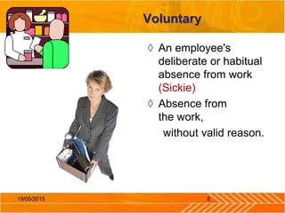 Voluntary
◊ An employee's
deliberate or habitual
absence from work
(Sickie)
◊ Absence from
the work,
without valid reason.
819/05/2015
 