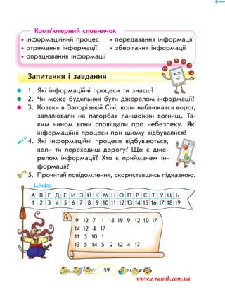 59
Комп’ютерний словничок
• інформаційний процес	 • передавання інформації
• отримання інформації	 • зберігання інформації
• опрацювання інформації	
Запитання і  завдання
	 1.	Які інформаційні процеси ти знаєш?
	 2.	Чи може будильник бути джерелом інформації?
	 3.	Козаки в Запорізькій Січі, коли наближався ворог,
запалювали на пагорбах ланцюжки вогнищ. Та-
ким чином вони сповіщали про небезпеку. Які
інформаційні процеси при цьому відбувалися?
	4.	Які інформаційні процеси відбуваються,
коли ти переходиш дорогу? Що є дже-
релом інформації? Хто є приймачем ін-
формації?
	5.	Прочитай повідомлення, скориставшись підказкою.
А В Г Д Е И З Й К М Н О П Р С Т У Ц Ь
1 2 3 4 5 6 7 8 9 10 11 12 13 14 15 16 17 18 19
9 12 7 1 18 19 9 12 10 17
14 12 4 17
11 5 10 1
13 5 14 5 2 12 4 17
Шифр
www.e-ranok.com.ua
 