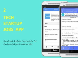 TECH
STARTUP
JOBS APP
2
Search and Apply for Startup Jobs Let
Startups find you & make an offer
 