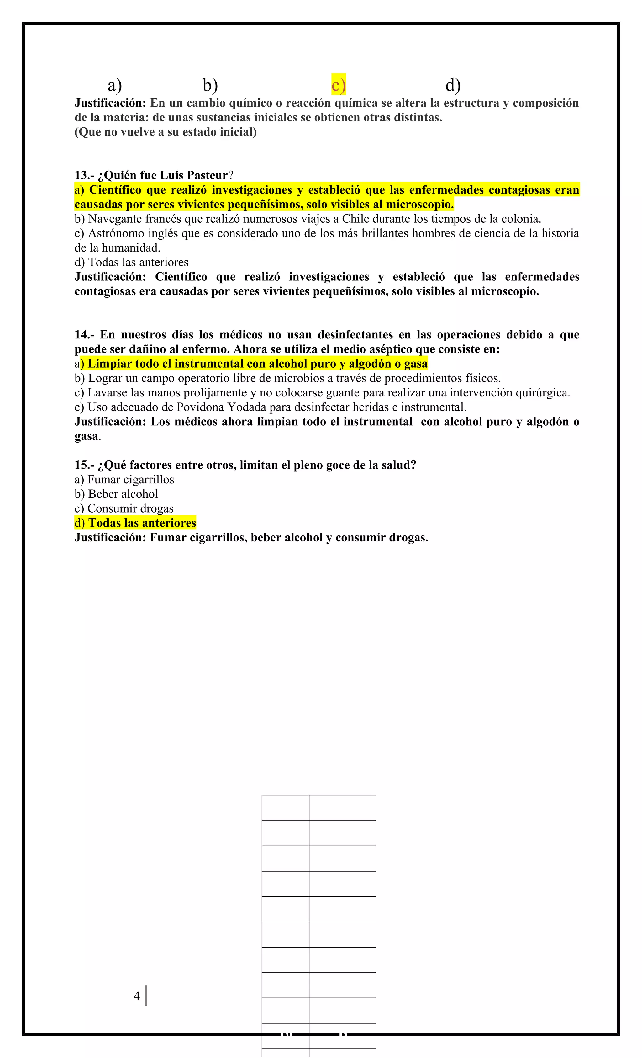 a)

b)

c)

d)

Justificación: En un cambio químico o reacción química se altera la estructura y composición
de la materia: de unas sustancias iniciales se obtienen otras distintas.
(Que no vuelve a su estado inicial)
13.- ¿Quién fue Luis Pasteur?
a) Científico que realizó investigaciones y estableció que las enfermedades contagiosas eran
causadas por seres vivientes pequeñísimos, solo visibles al microscopio.
b) Navegante francés que realizó numerosos viajes a Chile durante los tiempos de la colonia.
c) Astrónomo inglés que es considerado uno de los más brillantes hombres de ciencia de la historia
de la humanidad.
d) Todas las anteriores
Justificación: Científico que realizó investigaciones y estableció que las enfermedades
contagiosas era causadas por seres vivientes pequeñísimos, solo visibles al microscopio.
14.- En nuestros días los médicos no usan desinfectantes en las operaciones debido a que
puede ser dañino al enfermo. Ahora se utiliza el medio aséptico que consiste en:
a) Limpiar todo el instrumental con alcohol puro y algodón o gasa
b) Lograr un campo operatorio libre de microbios a través de procedimientos físicos.
c) Lavarse las manos prolijamente y no colocarse guante para realizar una intervención quirúrgica.
c) Uso adecuado de Povidona Yodada para desinfectar heridas e instrumental.
Justificación: Los médicos ahora limpian todo el instrumental con alcohol puro y algodón o
gasa.
15.- ¿Qué factores entre otros, limitan el pleno goce de la salud?
a) Fumar cigarrillos
b) Beber alcohol
c) Consumir drogas
d) Todas las anteriores
Justificación: Fumar cigarrillos, beber alcohol y consumir drogas.

ENSAYO SIMCE
CIENCIAS NATURALES
8º AÑO BÁSICO
HOJA DE RESPUESTAS CORRECTAS
1
2

B

3

C

4

D

5

A

6

C

7
4

A

A

8

D

9

D

10

B

 
