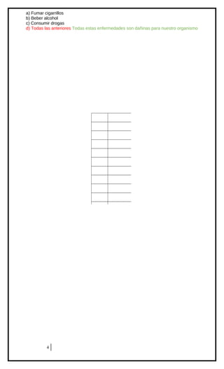 a) Fumar cigarrillos
b) Beber alcohol
c) Consumir drogas
d) Todas las anteriores Todas estas enfermedades son dañinas para nuestro organismo

ENSAYO SIMCE
CIENCIAS NATURALES
8º AÑO BÁSICO
HOJA DE RESPUESTAS CORRECTAS
1
2

B

3

C

4

D

5

A

6

C

7

A

8

D

9

D

10

B

11

4

A

B

 