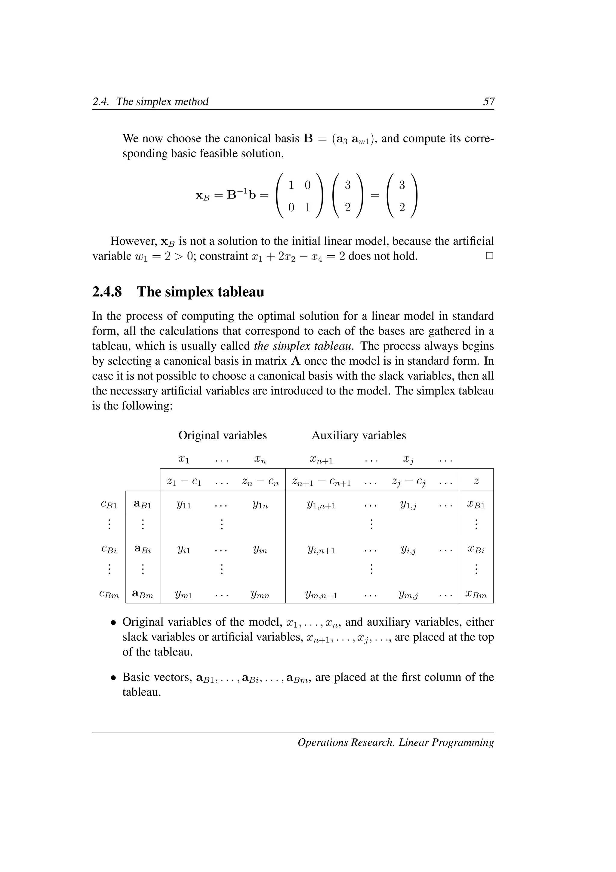 2.4. The simplex method 57
We now choose the canonical basis B = (a3 aw1), and compute its corre-
sponding basic feasible solution.
xB = B−1
b =


1 0
0 1




3
2

 =


3
2


However, xB is not a solution to the initial linear model, because the artiﬁcial
variable w1 = 2 > 0; constraint x1 + 2x2 − x4 = 2 does not hold. �
2.4.8 The simplex tableau
In the process of computing the optimal solution for a linear model in standard
form, all the calculations that correspond to each of the bases are gathered in a
tableau, which is usually called the simplex tableau. The process always begins
by selecting a canonical basis in matrix A once the model is in standard form. In
case it is not possible to choose a canonical basis with the slack variables, then all
the necessary artiﬁcial variables are introduced to the model. The simplex tableau
is the following:
Original variables Auxiliary variables
x1 . . . xn xn+1 . . . xj . . .
z1 − c1 . . . zn − cn zn+1 − cn+1 ... zj − cj . . . z
cB1 aB1 y11 ... y1n y1,n+1 ... y1,j . . . xB1
.
.
.
.
.
.
.
.
.
.
.
.
.
.
.
cBi aBi yi1 ... yin yi,n+1 ... yi,j . . . xBi
.
.
.
.
.
.
.
.
.
.
.
.
.
.
.
cBm aBm ym1 . . . ymn ym,n+1 ... ym,j . . . xBm
• Original variables of the model, x1, . . . , xn, and auxiliary variables, either
slack variables or artiﬁcial variables, xn+1, . . . , xj, . . ., are placed at the top
of the tableau.
• Basic vectors, aB1, . . . , aBi, . . . , aBm, are placed at the ﬁrst column of the
tableau.
Operations Research. Linear Programming
 