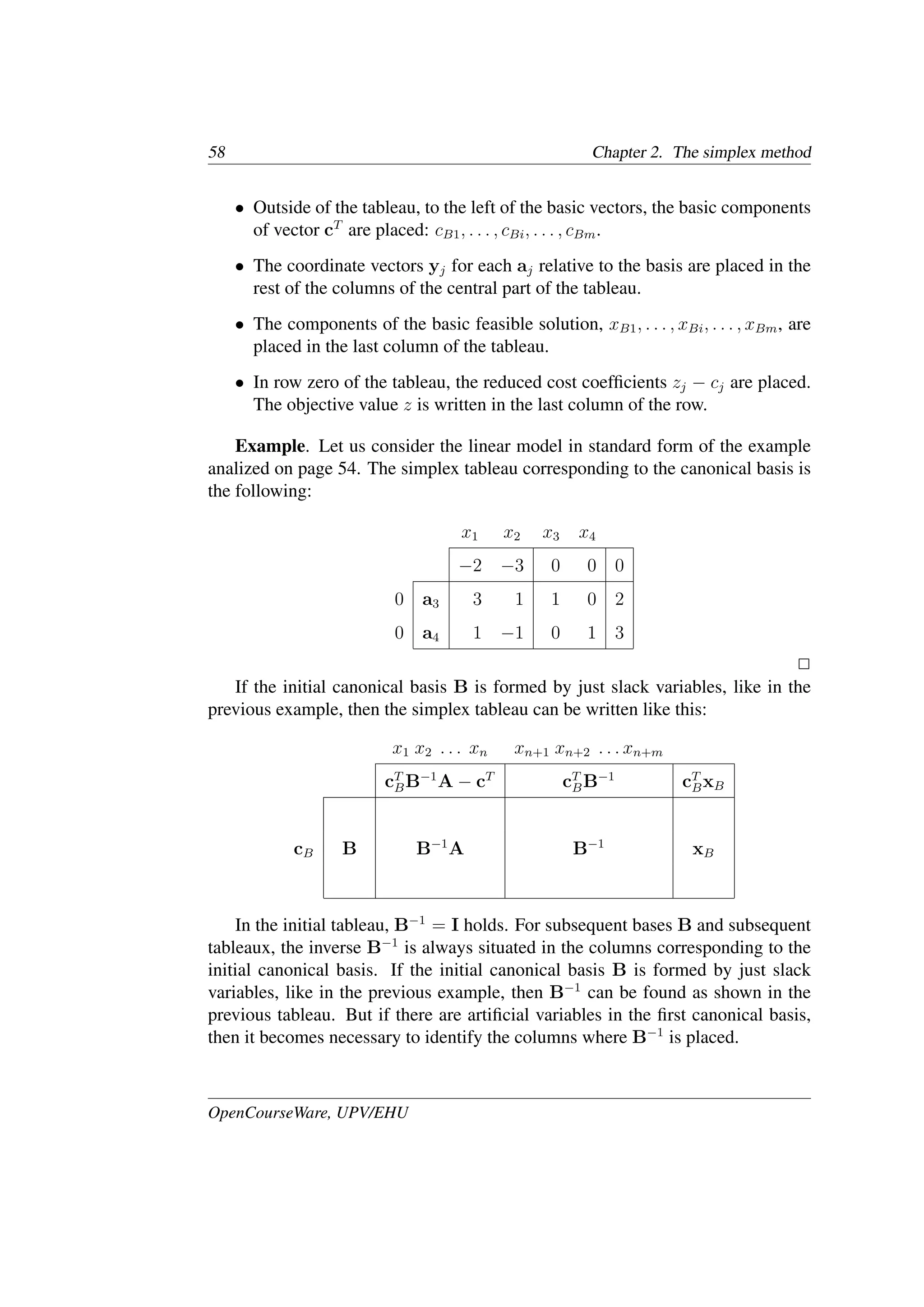 58 Chapter 2. The simplex method
• Outside of the tableau, to the left of the basic vectors, the basic components
of vector cT
are placed: cB1, . . . , cBi, . . . , cBm.
• The coordinate vectors yj for each aj relative to the basis are placed in the
rest of the columns of the central part of the tableau.
• The components of the basic feasible solution, xB1, . . . , xBi, . . . , xBm, are
placed in the last column of the tableau.
• In row zero of the tableau, the reduced cost coefﬁcients zj − cj are placed.
The objective value z is written in the last column of the row.
Example. Let us consider the linear model in standard form of the example
analized on page 54. The simplex tableau corresponding to the canonical basis is
the following:
x1 x2 x3 x4
−2 −3 0 0 0
0 a3 3 1 1 0 2
0 a4 1 −1 0 1 3
�
If the initial canonical basis B is formed by just slack variables, like in the
previous example, then the simplex tableau can be written like this:
x1 x2 . . . xn xn+1 xn+2 . . . xn+m
cT
BB−1
A − cT
cT
BB−1
cT
BxB
cB B B−1
A B−1
xB
In the initial tableau, B−1
= I holds. For subsequent bases B and subsequent
tableaux, the inverse B−1
is always situated in the columns corresponding to the
initial canonical basis. If the initial canonical basis B is formed by just slack
variables, like in the previous example, then B−1
can be found as shown in the
previous tableau. But if there are artiﬁcial variables in the ﬁrst canonical basis,
then it becomes necessary to identify the columns where B−1
is placed.
OpenCourseWare, UPV/EHU
 