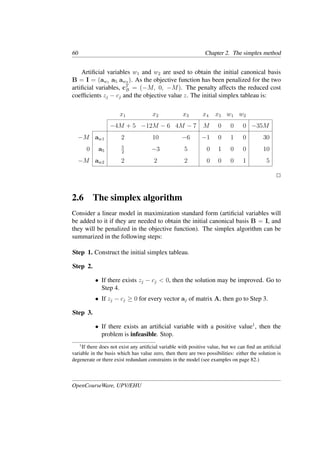 60 Chapter 2. The simplex method
Artiﬁcial variables w1 and w2 are used to obtain the initial canonical basis
B = I = (aw1 a5 aw2 ). As the objective function has been penalized for the two
artiﬁcial variables, cT
B = (−M, 0, −M). The penalty affects the reduced cost
coefﬁcients zj − cj and the objective value z. The initial simplex tableau is:
x1 x2 x3 x4 x5 w1 w2
−4M + 5 −12M − 6 4M − 7 M 0 0 0 −35M
−M aw1 2 10 −6 −1 0 1 0 30
0 a5
5
2
−3 5 0 1 0 0 10
−M aw2 2 2 2 0 0 0 1 5
�
2.6 The simplex algorithm
Consider a linear model in maximization standard form (artiﬁcial variables will
be added to it if they are needed to obtain the initial canonical basis B = I, and
they will be penalized in the objective function). The simplex algorithm can be
summarized in the following steps:
Step 1. Construct the initial simplex tableau.
Step 2.
• If there exists zj − cj < 0, then the solution may be improved. Go to
Step 4.
• If zj − cj ≥ 0 for every vector aj of matrix A, then go to Step 3.
Step 3.
• If there exists an artiﬁcial variable with a positive value1
, then the
problem is infeasible. Stop.
1
If there does not exist any artiﬁcial variable with positive value, but we can ﬁnd an artiﬁcial
variable in the basis which has value zero, then there are two possibilities: either the solution is
degenerate or there exist redundant constraints in the model (see examples on page 82.)
OpenCourseWare, UPV/EHU
 