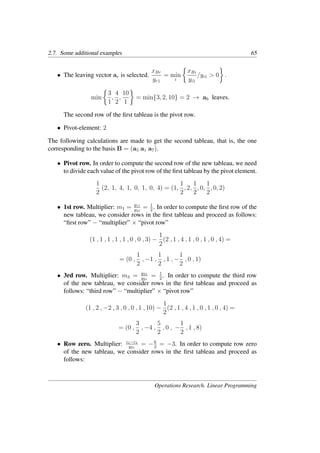 2.7. Some additional examples 65
• The leaving vector ar is selected.
xBr
yr1
= min
i
�
xBi
yi1
/yi1 > 0
�
.
min
�
3
1
,
4
2
,
10
1
�
= min{3, 2, 10} = 2 → a6 leaves.
The second row of the ﬁrst tableau is the pivot row.
• Pivot-element: 2
The following calculations are made to get the second tableau, that is, the one
corresponding to the basis B = (a5 a1 a7).
• Pivot row. In order to compute the second row of the new tableau, we need
to divide each value of the pivot row of the ﬁrst tableau by the pivot element.
1
2
(2, 1, 4, 1, 0, 1, 0, 4) = (1,
1
2
, 2,
1
2
, 0,
1
2
, 0, 2)
• 1st row. Multiplier: m1 = y11
y21
= 1
2
. In order to compute the ﬁrst row of the
new tableau, we consider rows in the ﬁrst tableau and proceed as follows:
“ﬁrst row” − “multiplier” × “pivot row”
(1 , 1 , 1 , 1 , 1 , 0 , 0 , 3) −
1
2
(2 , 1 , 4 , 1 , 0 , 1 , 0 , 4) =
= (0 ,
1
2
, −1 ,
1
2
, 1 , −
1
2
, 0 , 1)
• 3rd row. Multiplier: m3 = y31
y21
= 1
2
. In order to compute the third row
of the new tableau, we consider rows in the ﬁrst tableau and proceed as
follows: “third row” − “multiplier” × “pivot row”
(1 , 2 , −2 , 3 , 0 , 0 , 1 , 10) −
1
2
(2 , 1 , 4 , 1 , 0 , 1 , 0 , 4) =
= (0 ,
3
2
, −4 ,
5
2
, 0 , −
1
2
, 1 , 8)
• Row zero. Multiplier: z1−c1
y21
= −6
2
= −3. In order to compute row zero
of the new tableau, we consider rows in the ﬁrst tableau and proceed as
follows:
Operations Research. Linear Programming
 