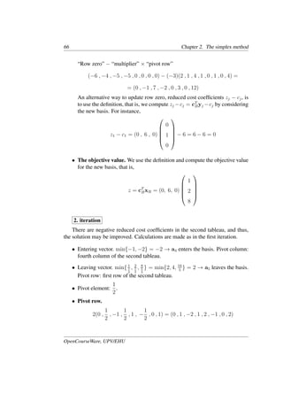 66 Chapter 2. The simplex method
“Row zero” − “multiplier” × “pivot row”
(−6 , −4 , −5 , −5 , 0 , 0 , 0 , 0) − (−3)(2 , 1 , 4 , 1 , 0 , 1 , 0 , 4) =
= (0 , −1 , 7 , −2 , 0 , 3 , 0 , 12)
An alternative way to update row zero, reduced cost coefﬁcients zj − cj, is
to use the deﬁnition, that is, we compute zj −cj = cT
Byj −cj by considering
the new basis. For instance,
z1 − c1 = (0 , 6 , 0)





0
1
0





− 6 = 6 − 6 = 0
• The objective value. We use the deﬁnition and compute the objective value
for the new basis, that is,
z = cT
BxB = (0, 6, 0)





1
2
8





2. iteration
There are negative reduced cost coefﬁcients in the second tableau, and thus,
the solution may be improved. Calculations are made as in the ﬁrst iteration.
• Entering vector. min{−1, −2} = −2 → a4 enters the basis. Pivot column:
fourth column of the second tableau.
• Leaving vector. min{ 1
1
2
, 2
1
2
, 8
5
2
} = min{2, 4, 16
5
} = 2 → a5 leaves the basis.
Pivot row: ﬁrst row of the second tableau.
• Pivot element:
1
2
.
• Pivot row.
2(0 ,
1
2
, −1 ,
1
2
, 1 , −
1
2
, 0 , 1) = (0 , 1 , −2 , 1 , 2 , −1 , 0 , 2)
OpenCourseWare, UPV/EHU
 