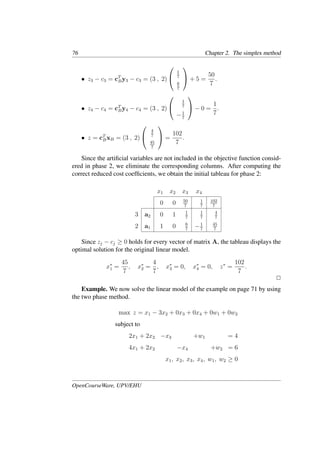 76 Chapter 2. The simplex method
• z3 − c3 = cT
By3 − c3 = (3 , 2)


1
7
6
7

 + 5 =
50
7
.
• z4 − c4 = cT
By4 − c4 = (3 , 2)


1
7
−1
7

 − 0 =
1
7
.
• z = cT
BxB = (3 , 2)


4
7
45
7

 =
102
7
.
Since the artiﬁcial variables are not included in the objective function consid-
ered in phase 2, we eliminate the corresponding columns. After computing the
correct reduced cost coefﬁcients, we obtain the initial tableau for phase 2:
x1 x2 x3 x4
0 0 50
7
1
7
102
7
3 a2 0 1 1
7
1
7
4
7
2 a1 1 0 6
7
−1
7
45
7
Since zj − cj ≥ 0 holds for every vector of matrix A, the tableau displays the
optimal solution for the original linear model.
x∗
1 =
45
7
, x∗
2 =
4
7
, x∗
3 = 0, x∗
4 = 0, z∗
=
102
7
.
�
Example. We now solve the linear model of the example on page 71 by using
the two phase method.
max z = x1 − 3x2 + 0x3 + 0x4 + 0w1 + 0w2
subject to
2x1 + 2x2 −x3 +w1 = 4
4x1 + 2x2 −x4 +w2 = 6
x1, x2, x3, x4, w1, w2 ≥ 0
OpenCourseWare, UPV/EHU
 
