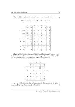 2.8. The two-phase method 77
Phase 1. Objective function: min z�
= w1 + w2 → max(−z�
) = −w1 − w2.
max(−z�
) = 0x1 + 0x2 + 0x3 + 0x4 − w1 − w2.
x1 x2 x3 x4 w1 w2
−6 −4 1 1 0 0 −10
−1 aw1 2 2 −1 0 1 0 4 1
2
−1 aw2 4 2 0 −1 0 1 6
0 −1 1 −1
2
0 3
2
−1
−1 aw1 0 1 −1 1
2
1 −1
2
1
0 a1 1 1
2
0 −1
4
0 1
4
3
2
1
2
0 0 0 0 1 1 0
0 a2 0 1 −1 1
2
1 −1
2
1
0 a1 1 0 1
2
−1
2
−1
2
1
2
1
Phase 2. The objective function of the original linear model: max z = x1 −
3x2. We eliminate the two columns which correspond to the artiﬁcial variables,
and update the reduced cost coefﬁcients and the objective value:
x1 x2 x3 x4
0 0 7
2
−2 −2
−3 a2 0 1 −1 1
2
1
1 a1 1 0 1
2
−1
2
1 −1
0 4 −1
2
0 2
0 a4 0 2 −2 1 2
1 a1 1 1 −1
2
0 2
z3 − c3 < 0 holds in the ﬁnal tableau, being all the components of vector y3
negative. Therefore, the problem is unbounded. �
Operations Research. Linear Programming
 