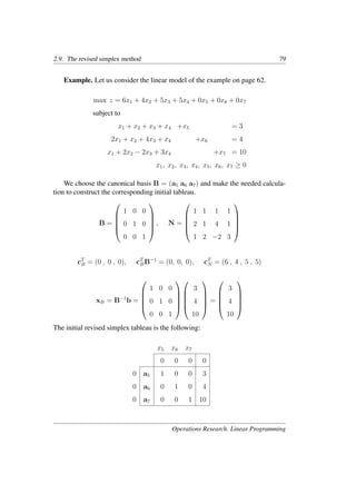 2.9. The revised simplex method 79
Example. Let us consider the linear model of the example on page 62.
max z = 6x1 + 4x2 + 5x3 + 5x4 + 0x5 + 0x6 + 0x7
subject to
x1 + x2 + x3 + x4 +x5 = 3
2x1 + x2 + 4x3 + x4 +x6 = 4
x1 + 2x2 − 2x3 + 3x4 +x7 = 10
x1, x2, x3, x4, x5, x6, x7 ≥ 0
We choose the canonical basis B = (a5 a6 a7) and make the needed calcula-
tion to construct the corresponding initial tableau.
B =





1 0 0
0 1 0
0 0 1





, N =





1 1 1 1
2 1 4 1
1 2 −2 3





cT
B = (0 , 0 , 0), cT
BB−1
= (0, 0, 0), cT
N = (6 , 4 , 5 , 5)
xB = B−1
b =





1 0 0
0 1 0
0 0 1










3
4
10





=





3
4
10





The initial revised simplex tableau is the following:
x5 x6 x7
0 0 0 0
0 a5 1 0 0 3
0 a6 0 1 0 4
0 a7 0 0 1 10
Operations Research. Linear Programming
 
