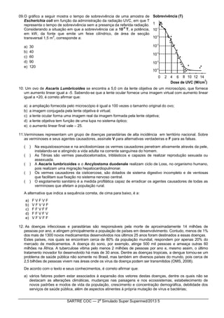 SARTRE COC — 2
o
Simulado Super Supermed/2013 5
09.O gráfico a seguir mostra o tempo de sobrevivência de uma amostra de
Escherichia coli em função da administração da radiação UVC, em que T
representa o tempo de sobrevivência sem a presença da referida radiação.
Considerando a situação em que a sobrevivência cai a 10
-4
T, a potência,
em kW, da fonte que emite um feixe cilíndrico, de área de secção
transversal 1,5 m
2
, corresponde a:
a) 30
b) 40
c) 60
d) 90
e) 120
10. Um ovo de Ascaris Lumbricoides se encontra a 5,0 cm da lente objetiva de um microscópio, que fornece
um aumento linear igual a -5. Sabendo-se que a lente ocular fornece uma imagem virtual com aumento linear
igual a +20, é correto afirmar que:
a) a ampliação fornecida pelo microscópio é igual a 100 vezes o tamanho original do ovo;
b) a imagem conjugada pela lente objetiva é virtual;
c) a lente ocular forma uma imagem real da imagem formada pela lente objetiva;
d) a lente objetiva tem função de uma lupa no sistema óptico;
e) o aumento linear final vale – 25.
11.Verminoses representam um grupo de doenças parasitárias de alta incidência em território nacional. Sobre
as verminoses e seus agentes causadores, assinale V para alternativas verdadeiras e F para as falsas.
( ) Na esquistossomose e na ancilostomíase os vermes causadores penetram ativamente através da pele,
instalando-se e atingindo a vida adulta na corrente sanguínea do homem.
( ) As Tênias são vermes pseudocelomados, triblásticos e capazes de realizar reprodução sexuada ou
assexuada.
( ) A Ascaris lumbricoides e o Ancylostoma duodenale realizam ciclo de Loss, no organismo humano,
pois realizam uma migração hepatocardiopulmonar.
( ) Os vermes causadores da cisticercose, são dotados de sistema digestivo incompleto e de ventosas
que facilitam sua fixação no sistema nervoso central.
( ) O esgotamento sanitário é a medida profilática capaz de erradicar os agentes causadores de todas as
verminoses que afetam a população rural.
A alternativa que indica a sequência correta, de cima para baixo, é a:
a) F V F V F
b) V F V V F
c) F F V F F
d) F F V F V
e) V F V F F
12. As doenças infecciosas e parasitárias são responsáveis pela morte de aproximadamente 14 milhões de
pessoas por ano, e atingem principalmente a população de países em desenvolvimento. Contudo, menos de 1%
dos mais de 1300 novos medicamentos desenvolvidos nos últimos 25 anos foram destinados a essas doenças.
Estes países, nos quais se encontram cerca de 80% da população mundial, respondem por apenas 20% do
mercado de medicamentos. A doença do sono, por exemplo, atinge 500 mil pessoas e ameaça outras 60
milhões na África. A tuberculose vitima pelo menos 2 milhões de pessoas por ano e, mesmo assim, o último
tratamento inovador foi desenvolvido há mais de 30 anos. Dentre as doenças tropicais, a dengue tornou-se um
problema de saúde pública não somente no Brasil, mas também em diversos países do mundo, pois cerca de
2,5 bilhões de pessoas vivem nas áreas onde os vírus da doença podem ser transmitidos (OMS, 2008).
De acordo com o texto e seus conhecimentos, é correto afirmar que:
a) vários fatores podem estar associados à expansão dos vetores destas doenças, dentre os quais não se
destacam as alterações climáticas, mudanças nas paisagens e nos ecossistemas, estabelecimento de
novos padrões e modos de vida da população, crescimento e concentração demográfica, debilidade dos
serviços de saúde pública, além de aspectos atinentes à própria mutação de vírus e bactérias;
 