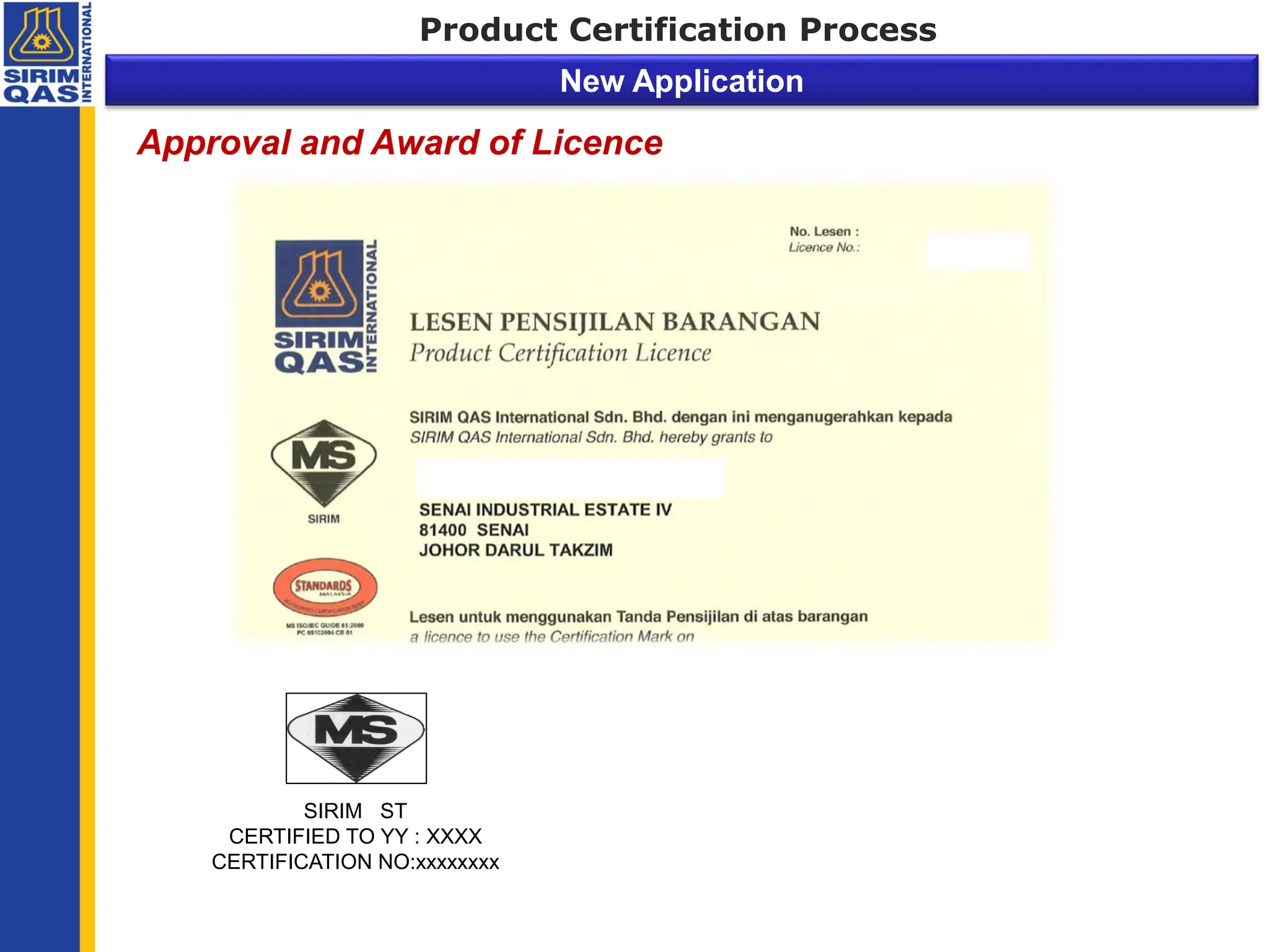 Approval and Award of Licence
SIRIM ST
CERTIFIED TO YY : XXXX
CERTIFICATION NO:xxxxxxxx
Product Certification Process
New Application
 