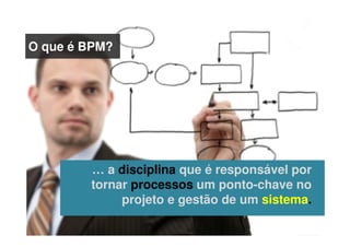 O que é BPM?
… a disciplina que é responsável por
tornar processos um ponto-chave no
projeto e gestão de um sistema.
 