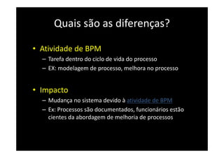Quais são as diferenças?
• Atividade de BPM
– Tarefa dentro do ciclo de vida do processo
– EX: modelagem de processo, melhora no processo
• Impacto
– Mudança no sistema devido à atividade de BPM
– Ex: Processos são documentados, funcionários estão
cientes da abordagem de melhoria de processos
 