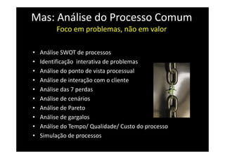 Mas: Análise do Processo Comum
Foco em problemas, não em valor
• Análise SWOT de processos
• Identificação interativa de problemas
• Análise do ponto de vista processual
• Análise de interação com o cliente
• Análise das 7 perdas
• Análise de cenários
• Análise de Pareto
• Análise de gargalos
• Análise do Tempo/ Qualidade/ Custo do processo
• Simulação de processos
 