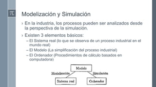 Modelización y Simulación
› En la industria, los procesos pueden ser analizados desde
la perspectiva de la simulación.
› Existen 3 elementos básicos:
– El Sistema real (lo que se observa de un proceso industrial en el
mundo real)
– El Modelo (La simplificación del proceso industrial)
– El Ordenador (Procedimientos de cálculo basados en
computadora)
 
