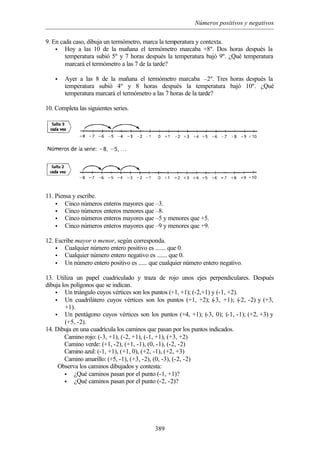 Números positivos y negativos
389
9. En cada caso, dibuja un termómetro, marca la temperatura y contexta.
• Hoy a las 10 de la mañana el termómetro marcaba +8º. Dos horas después la
temperatura subió 5º y 7 horas después la temperatura bajó 9º. ¿Qué temperatura
marcará el termómetro a las 7 de la tarde?
• Ayer a las 8 de la mañana el termómetro marcaba –2º. Tres horas después la
temperatura subió 4º y 8 horas después la temperatura bajó 10º. ¿Qué
temperatura marcará el termómetro a las 7 horas de la tarde?
10. Completa las siguientes series.
11. Piensa y escribe.
• Cinco números enteros mayores que –3.
• Cinco números enteros menores que –8.
• Cinco números enteros mayores que –5 y menores que +5.
• Cinco números enteros mayores que –9 y menores que +9.
12. Escribe mayor o menor, según corresponda.
• Cualquier número entero positivo es ....... que 0.
• Cualquier número entero negativo es ....... que 0.
• Un número entero positivo es ...... que cualquier número entero negativo.
13. Utiliza un papel cuadriculado y traza de rojo unos ejes perpendiculares. Después
dibuja los polígonos que se indican.
• Un triángulo cuyos vértices son los puntos (+1, +1); (-2,+1) y (-1, +2).
• Un cuadrilátero cuyos vértices son los puntos (+1, +2); (-3, +1); (-2, -2) y (+3,
+1).
• Un pentágono cuyos vértices son los puntos (+4, +1); (-3, 0); (-1, -1); (+2, +3) y
(+5, -2).
14. Dibuja en una cuadrícula los caminos que pasan por los puntos indicados.
Camino rojo: (-3, +1), (-2, +1), (-1, +1), (+3, +2)
Camino verde: (+1, -2), (+1, -1), (0, -1), (-2, -2)
Camino azul: (-1, +1), (+1, 0), (+2, -1), (+2, +3)
Camino amarillo: (+5, -1), (+3, -2), (0, -3), (-2, -2)
Observa los caminos dibujados y contesta:
• ¿Qué caminos pasan por el punto (-1, +1)?
• ¿Qué caminos pasan por el punto (-2, -2)?
 