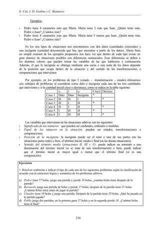 E. Cid, J. D. Godino y C. Batanero
234
Ejemplos:
• Pedro tiene 8 caramelos más que María. María tiene 3 más que Juan. ¿Quién tiene más,
Pedro o Juan? ¿Cuántos más?
• Pedro tiene 8 caramelos más que María. María tiene 5 menos que Juan. ¿Quién tiene más,
Pedro o Juan? ¿Cuántos más?
En los seis tipos de situaciones nos encontramos con dos datos (cantidades conocidas) y
una incógnita (cantidad desconocida que hay que encontrar a partir de los datos). Ahora bien,
un simple examen de los ejemplos propuestos nos hace ver que dentro de cada tipo existe un
gran abanico de situaciones posibles con diferencias sustanciales. Esas diferencias se deben a
los distintos valores que pueden tomar las variables de las que hablamos a continuación.
Además, el que la incógnita se obtenga mediante una suma o una resta de los datos depende
de la posición que ocupa dentro de la situación y del sentido de las transformaciones o
comparaciones que intervienen.
Por ejemplo, en los problemas de tipo 2 (estado - transformación - estado) obtenemos
seis subtipos de problemas al considerar como dato o incógnita cada una de las tres cantidades
que intervienen y si la cantidad inicial crece o disminuye, como se indica en la tabla siguiente:
ei t ef Crece Decrece
Caso 1 Dato Dato Incógnita *
Caso 2 D D I *
Caso 3 D I D *
Caso 4 D I D *
Caso 5 I D D *
Caso 6 I D D *
Las variables que intervienen en las situaciones aditivas son las siguientes:
• Significado de los números: que pueden ser cardinales, ordinales o medidas.
• Papel de los números en la situación: pueden ser estados, transformaciones o
comparaciones.
• Posición de la incógnita: la incógnita puede ser el total o una de sus partes (en las
situaciones parte-todo) o bien, el término inicial, medio o final (en las demás situaciones).
• Sentido del término medio (situaciones II, III y V): puede indicar un aumento o una
disminución del término inicial (si se trata de una transformación) o bien, puede indicar
que el término inicial es mayor igual o menor que el término final (si es una
comparación).
Ejercicios
1. Resolver oralmente e indicar el tipo de cada uno de los siguientes problemas según la clasificación de
acuerdo con la estructura lógica y semántica de los problemas aditivos.
a) Pedro tiene 37 bolas, juega una partida y pierde 18 bolas, ¿cuántas bolas tiene después de la
partida?
b) Bernardo juega una partida de bolas y pierde 17 bolas; después de la partida tiene 21 bolas.
¿Cuántas bolas tenía antes de jugar la partida?
c) Claudio tiene 19 bolas y juega una partida. Después de la partida tiene 35 bolas. ¿Qué ha pasado en
la partida jugada?
d) Pablo juega dos partidas; en la primera gana 37 bolas y en la segunda pierde 18. ¿Cuántas bolas
tiene al final?
 