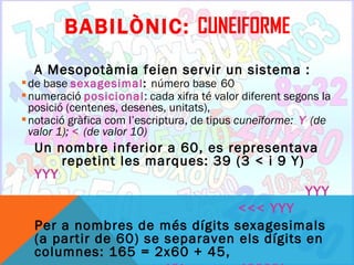 BABILÒNIC: CUNEIFORME
  A Mesopotàmia feien servir un sistema :
 de base sexagesimal: número base 60
 numeració posicional: cada xifra té valor diferent segons la
  posició (centenes, desenes, unitats),
 notació gràfica com l’escriptura, de tipus cuneïforme: Y (de
  valor 1); < (de valor 10)
  Un nombre inferior a 60, es representava
      repetint les marques: 39 (3 < i 9 Y)
  YYY
                                           YYY
                                <<< YYY
  Per a nombres de més dígits sexagesimals
  (a partir de 60) se separaven els dígits en
  columnes: 165 = 2x60 + 45,
 