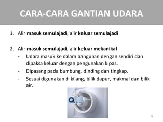 CARA-CARA GANTIAN UDARA
1. Alir masuk semulajadi, alir keluar semulajadi

2. Alir masuk semulajadi, alir keluar mekanikal
   - Udara masuk ke dalam bangunan dengan sendiri dan
        dipaksa keluar dengan pengunakan kipas.
   - Dipasang pada bumbung, dinding dan tingkap.
   - Sesuai digunakan di kilang, bilik dapur, makmal dan bilik
        air.




                                                                 24
 