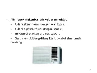4. Alir masuk mekanikal, alir keluar semulajadi
   - Udara akan masuk mengunakan kipas.
   - Udara dipaksa keluar dengan sendiri.
   - Bukaan diletakkan di paras bawah.
   - Sesuai untuk kilang-kilang kecil, pejabat dan rumah
   dandang.




                                                           26
 