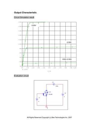 Output Characteristic

Circuit Simulation result

    -20A


    -18A
                          -3.00V


    -16A


    -14A


    -12A

                                                                                   -2.50V
    -10A


      -8A


      -6A


      -4A
                                                                            VGS=-2.00V
      -2A


       0A
            0V      -1V   -2V      -3V    -4V       -5V      -6V      -7V     -8V     -9V -10V
                 I(V3)
                                                V_V2


Evaluation circuit


                                                          V3


                                                               0Vdc




                                                    U14
                                                                              V2
                                                    2SJ495

                                                                             0
                                     V1


                                    -4




                                                0




                    All Rights Reserved Copyright (c) Bee Technologies Inc. 2007
 