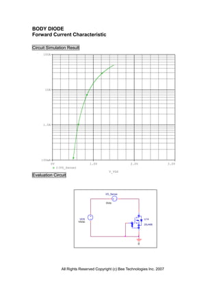 BODY DIODE
Forward Current Characteristic

Circuit Simulation Result
     100A




      10A




     1.0A




    100mA
            0V                         1.0V                2.0V                   3.0V
                 I(VD_Sense)
                                                V_VDS
Evaluation Circuit



                                              VD_Sense


                                              0Vdc




                                VDS                                   U14
                               10Vdc
                                                                      2SJ495




                                                                  0




                   All Rights Reserved Copyright (c) Bee Technologies Inc. 2007
 