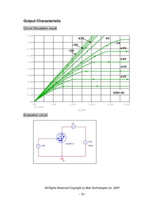 Output Characteristic
Circuit Simulation result

  2.0A
                                                   -8.0V               -6V
  1.8A                                                                         -.5V
                                              -10V
  1.6A                                                                               -4.8V
                                          -15V
  1.4A
                                                                                     -4.6V
  1.2A

                                                                                     -4.4V
  1.0A


  0.8A
                                                                                     -4.2V
  0.6A


  0.4A

                                                                             VGS=-4V
  0.2A


    0A
         0V               1.0V             2.0V                3.0V     4.0V            5.0V
              I(V2)
                                                     V_VDS

Evaluation circuit

                                             V2




                                                               VDS
                                        2SJ567_P
                VGS                                           -10Vdc




                                    0




                      All Rights Reserved Copyright (c) Bee Technologies Inc. 2007

                                                     - 12 -
 