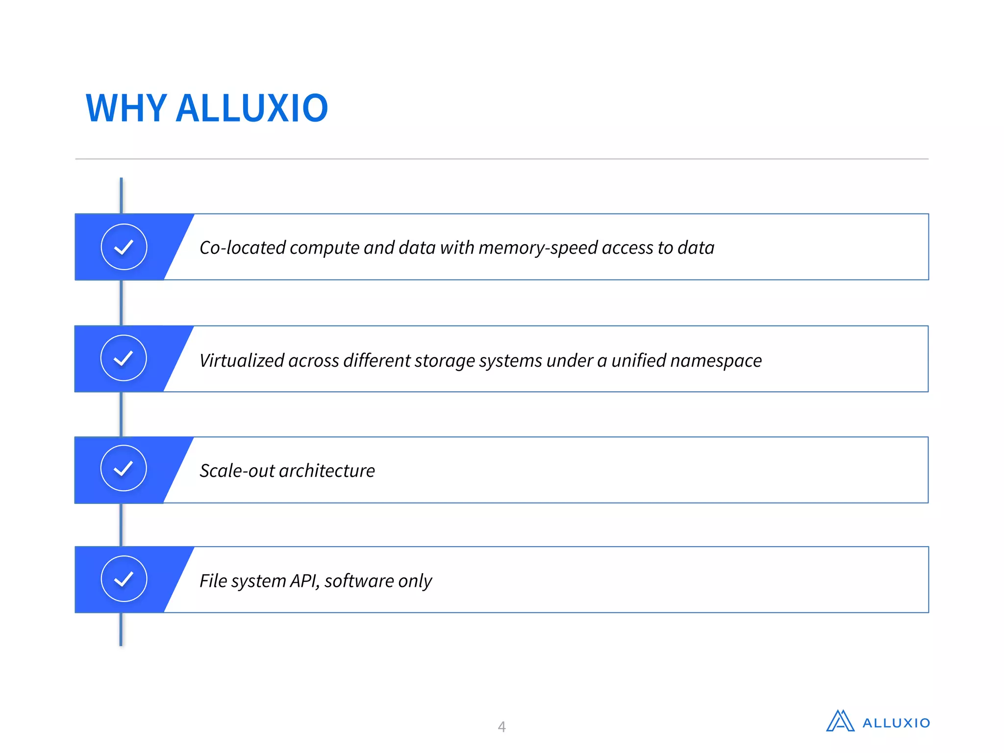 WHY ALLUXIO
4
Co-located compute and data with memory-speed access to data
Virtualized across different storage systems under a unified namespace
Scale-out architecture
File system API, software only
 