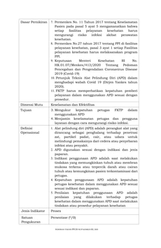 PEDOMAN TEKNIS PPI Dl FKTP KEMKES RI, 2020
Dasar Pernikiran 7. Permenkes No. 11 Tahun 2017 tentang Keselamatan
Pasien pada pasal 5 ayat 5 mengamanatkan bahwa
setiap fasilitas pelayanan kesehatan harus
mengurangi risiko infeksi akibat perawatan
kesehatan.
8. Permenkes No.27 tahun 2017 tentang PPI di fasilitas
pelayanan kesehatan, pasal 3 ayat 1 setiap Fasilitas
pelayanan kesehatan harus melaksanakan program
PPI.
9. Keputusan Menteri Kesehatan RI No.
HK.01.07/Menkes/413/2020 Tentang Pedoman
Pencegahan dan Pengendalian Coronavirus Disease
2019 (Covid-19)
10. Petunjuk Teknis Alat Pelindung Diri (APD) dalam
menghadapi wabah Covid 19 (Dirjen Yankes tahun
2020).
11. FKTP harus memperhatikan kepatuhan pemberi
pelayanan dalam menggunakan APD sesuai dengan
prosedur.
Dimensi Mutu Keselamatan dan Efektifitas
Tujuan 3. Mengukur kepatuhan petugas FKTP dalam
menggunakan APD
4. Menjamin keselamatan petugas dan pengguna
layanan dengan cara mengurangi risiko infeksi.
Definisi
Operasional
1. Alat pelindung diri (APD) adalah perangkat alat yang
dirancang sebagai penghalang terhadap penetrasi
zat, partikel padat, cair, atau udara untuk
melindungi pemakainya dari cedera atau penyebaran
infeksi atau penyakit.
2. APD digunakan sesuai dengan indikasi dan jenis
paparan.
3. Indikasi penggunaan APD adalah saat melakukan
tindakan yang memungkinkan tubuh atau membran
mukosa terkena atau terpercik darah atau cairan
tubuh atau kemungkinan pasien terkontaminasi dari
petugas.
4. Kepatuhan penggunaan APD adalah kepatuhan
petugas kesehatan dalam menggunakan APD sesuai
sesuai indikasi dan paparan.
5. Penilaian kepatuhan penggunaan APD adalah
penilaian yang dilakukan terhadap petugas
kesehatan dalam menggunakan APD saat melakukan
tindakan atau prosedur pelayanan kesehatan
Jenis Indikator Proses
Satuan
Pengukuran
Persentase (0/0)
 