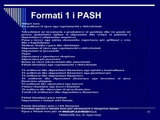 PARAQITJA E PASQYRAVE
FINANCIARE Doc. Dr. Hysen Hoda
51
Formati 1 i PASH
Shitjet neto
Të ardhura të tjera nga veprimtaritë e shfrytëzimit
Ndryshimet në inventarin e produkteve të gatshme dhe tw punës në
proces (pakësimet njihen si shpenzime dhe rritjet si pakësim i
shpenzimeve (shpenzime negative).
Puna e kryer nga njësia ekonomike raportuese për qëllimet e veta
dhe e kapitalizuar
Mallrat, lëndët e para dhe shërbimet
Shpenzime të tjera nga veprimtaritë e shfrytëzimit
Shpenzime të personelit
Pagat
Shpenzimet e sigurimeve shoqërore
Shpenzimet për pensionet
Rënia në vlerë (zhvlerësimi) dhe amortizimi
Fitimi (humbja) nga veprimtaritë e shfrytëzimit
Të ardhurat dhe shpenzimet financiare nga njësitë e kontrolluara
Të ardhurat dhe shpenzimet financiare nga pjesëmarrjet
Të ardhurat dhe shpenzimet financiare
Të ardhurat dhe shpenzimet financiare nga investime të tjera
financiare afatgjata
Të ardhurat dhe shpenzimet nga interesi
Fitimet (humbjet) nga kursi i këmbimi
Të ardhura dhe shpenzime të tjera financiare
Totali i të ardhurave dhe shpenzimeve financiare
Fitimi (humbja) para tatimit
Shpenzimet e tatimit mbi fitimin
Fitimi (humbja) neto e vitit financiar
Përfshin pjesën e fitimit neto për aksionarët e shoqërisë mëmë
Pjesa e fitimit neto për aksionarët e pakicës
 
