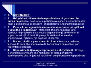 PARAQITJA E PASQYRAVE
FINANCIARE Doc. Dr. Hysen Hoda
54
 II. SHPENZIMET
 1. Ndryshimet në inventarin e produkteve të gatshme dhe
punës në proces - pakësimet e pozicioneve njihen si shpenzime dhe
rritjet e pozicioneve si pakësim i shpenzimeve (shpenzime negative).
 2. Puna e kryer nga njësia ekonomike raportuese për qëllimet
e veta dhe e kapitalizuar - Materialet dhe shërbimet që janë
përdorur në prodhimin e aktiveve afatgjata dhe që janë njohur si
shpenzim në një zë tjetër të pasqyrës së të ardhurave dhe
shpenzimeve, njihen si një pakësim i këtij zëri
 3. Mallrat, lëndët e para dhe shërbimet - Kostoja e mallrave,
lëndëve të para dhe shërbimeve të konsumuara në prodhim për
veprimtaritë parësore
 4. Shpenzime të tjera nga veprimtaritë e shfrytëzimit - Kostoja
e shërbimeve kryesore dhe ndihmëse, të blera për qëllime
administrative dhe të tjera që nuk lidhen drejpërdrejt me vep parësore
 