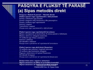PARAQITJA E PASQYRAVE
FINANCIARE Doc. Dr. Hysen Hoda
72
PASQYRA E FLUKSIT TË PARASË
(a) Sipas metodës direkt
Pasqyra e fluksit të parasë – Metoda direkt
Fluksi i parave nga veprimtaritë e shfrytëzimit
Paratë e arkëtuara nga klientët
Paratë e paguara ndaj furnitorëve dhe punonjësve
Paratë e ardhura nga veprimtaritë
Interesi i paguar
Tatimfitimi i paguar
Paraja neto nga veprimtaritë e shfrytëzimit
Fluksi i parave nga veprimtaritë investuese
Blerja e kompanisë së kontrolluar X minus paratë e Arkëtuara
Blerja e aktiveve afatgjata materiale
Të ardhurat nga shitja e pajisjeve
Interesi i arkëtuar
Dividendët e arkëtuar
Paraja neto e përdorur në veprimtaritë investuese
Fluksi i parave nga aktivitetet financiare
Të ardhura nga emetimi i kapitalit aksionar
Të ardhura nga huamarrje afatgjata
Pagesat e detyrimeve të qirasë financiare
Dividendë të paguar
Paraja neto e përdorur në veprimtaritë financiare
Rritja/rënia neto e mjeteve monetare
Mjetet monetare në fillim të periudhës kontabël
Mjetet monetare në fund të periudhës kontabël
 