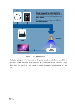 4 | P a g e 
Figure 3: LI-FI Demonstration 
To further get a grasp of Li-Fi consider an IR remote. It sends a single data stream of bits at 
the rate of 10,000-20,000 bps. Now replace the IR LED with a Light Box containing a large 
LED array. This system, fig 3.4, is capable of sending thousands of such streams at very fast 
rate. 
 