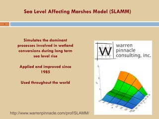 1
Sea Level Affecting Marshes Model (SLAMM)
Simulates the dominant
processes involved in wetland
conversions during long term
sea level rise
Applied and improved since
1985
Used throughout the world
http://www.warrenpinnacle.com/prof/SLAMM/
 