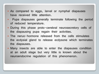  As compared to eggs, larval or nymphal diapauses
have received little attention.
 Pupa diapauses generally terminate following the period
of reduced temperature.
 During this phase proto-cerebral neurosecretory cells of
the diapausing pupa regain their activities.
 The neruo-hormone released from the cells stimulates
the ecdysial gland to release ecdysone which terminates
the diapauses.
 Many insects are able to enter the diapauses condition
at an adult stage but very little is known about the
neuroendocrine regulation of this phenomenon.
 