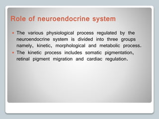 Role of neuroendocrine system
 The various physiological process regulated by the
neuroendocrine system is divided into three groups
namely, kinetic, morphological and metabolic process.
 The kinetic process includes somatic pigmentation,
retinal pigment migration and cardiac regulation.
 