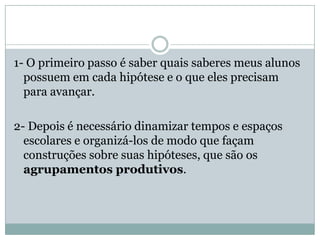 1- O primeiro passo é saber quais saberes meus alunos
  possuem em cada hipótese e o que eles precisam
  para avançar.

2- Depois é necessário dinamizar tempos e espaços
  escolares e organizá-los de modo que façam
  construções sobre suas hipóteses, que são os
  agrupamentos produtivos.
 