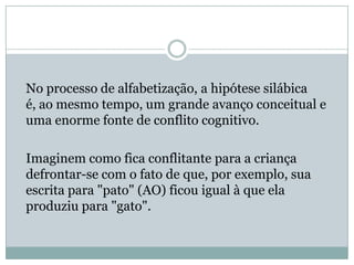 No processo de alfabetização, a hipótese silábica
é, ao mesmo tempo, um grande avanço conceitual e
uma enorme fonte de conflito cognitivo.

Imaginem como fica conflitante para a criança
defrontar-se com o fato de que, por exemplo, sua
escrita para "pato" (AO) ficou igual à que ela
produziu para "gato".
 