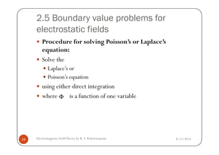 2.5 Boundary value problems for
electrostatic fields
Procedure for solving Poisson’s or Laplace’s
equation:
Solve the
Laplace’s or
Poisson’s equation
8/11/2014Electromagnetic FieldTheory by R. S. Kshetrimayum19
Poisson’s equation
using either direct integration
where is a function of one variableΦ
 