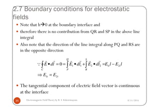 2.7 Boundary conditions for electrostatic
fields
Note that h 0 at the boundary interface and
therefore there is no contribution from QR and SP in the above line
integral
Also note that the direction of the line integral along PQ and RS are
in the opposite direction
8/11/2014Electromagnetic FieldTheory by R. S. Kshetrimayum35
The tangential component of electric field vector is continuous
at the interface
tt
tt
C
S
R
Q
P
EE
lElEldEldEldE
21
2122110
=⇒
−=•+•==•∫ ∫∫
rrrrrr
Q
 