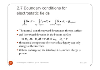 2.7 Boundary conditions for
electrostatic fields
The normal is in the upward direction in the top surface
and downward direction in the bottom surface
∫∫∫ =•+•=•
surfacebottom
enclosed
surfacetoppillbox
QsdDsdDsdD 2211
rrrrrr
8/11/2014Electromagnetic FieldTheory by R. S. Kshetrimayum37
and downward direction in the bottom surface
the normal component of electric flux density can only
change at the interface
if there is charge on the interface, i.e., surface charge is
present
2 1 2 1S S = Sn n n nD D D Dσ σ⇒ ∆ − ∆ ∆ ⇒ − =
 